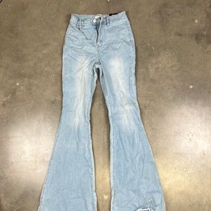 High Rise Light Blue Jeans Fringed Bell Bottoms
